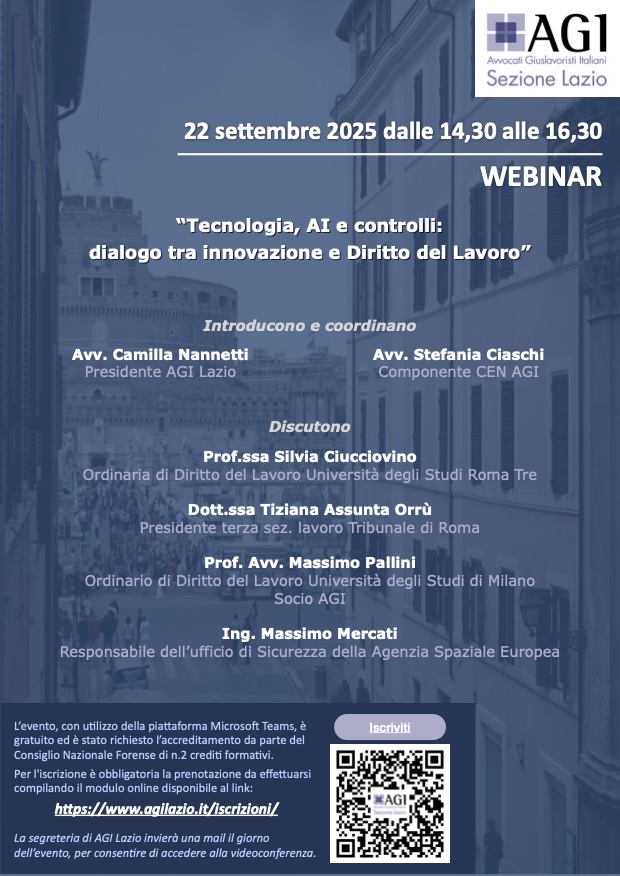 Documentazione del Webinar "Tecnologia, AI e controlli: dialogo tra innovazione e diritto del lavoro"